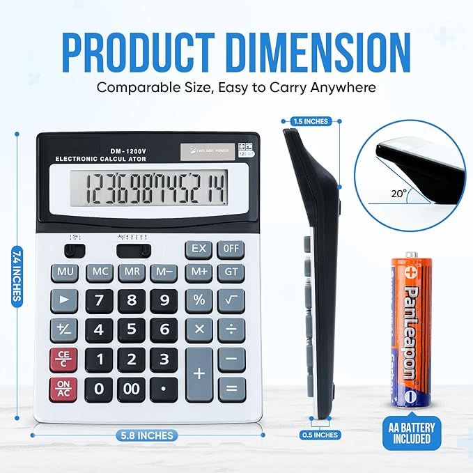 Desktop Calculator with Extra Large LCD Display - 12-Digit, Big Buttons, Dual Solar and Battery Power for Office, Financial, School and Home Use (Holifeos)