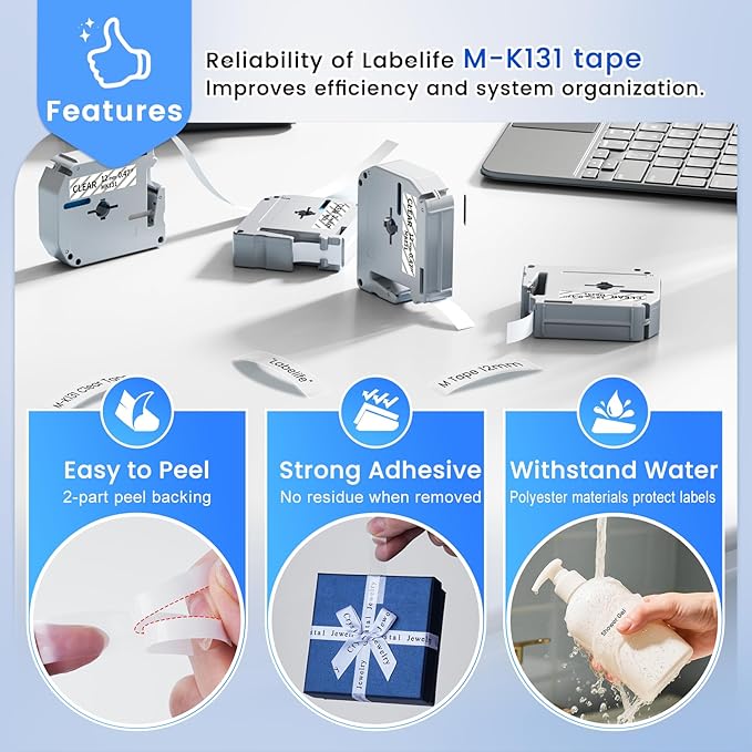 Labelife M-K131 Label Tape Clear Compatible with Brother P Touch M Tape Clear 12mm 0.47'' M-K131s M131 MK131 Work with Brother PT-M95 PT-65 PT-45 PT-90 PT70BM Label Maker Refills, 4-Pack