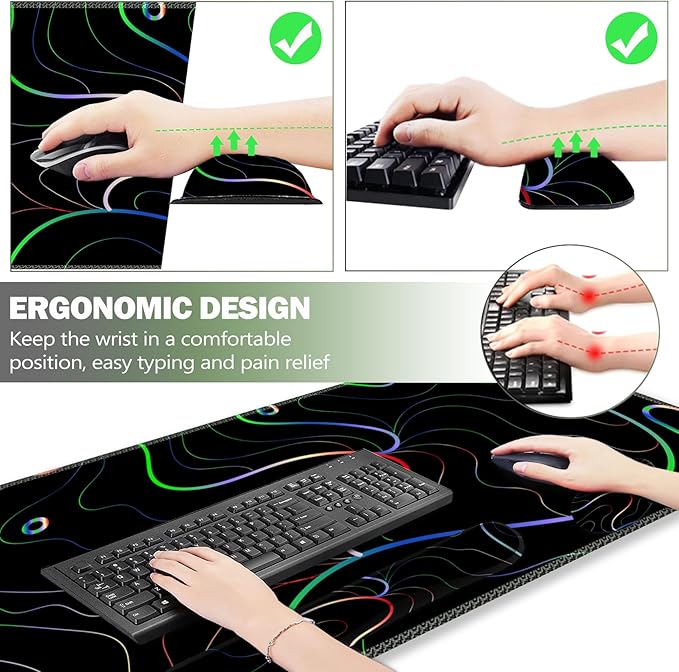 ARTSO Gaming Mouse Pad Wrist Support Set, XXL Large Desk Mat Mousepad + Keyboard Wrist Support+ Mouse Wrist Rest+Coaster 4in1 Ergonomic, Memory Foam, Stitched Edge for Home Office -Colorful Lines