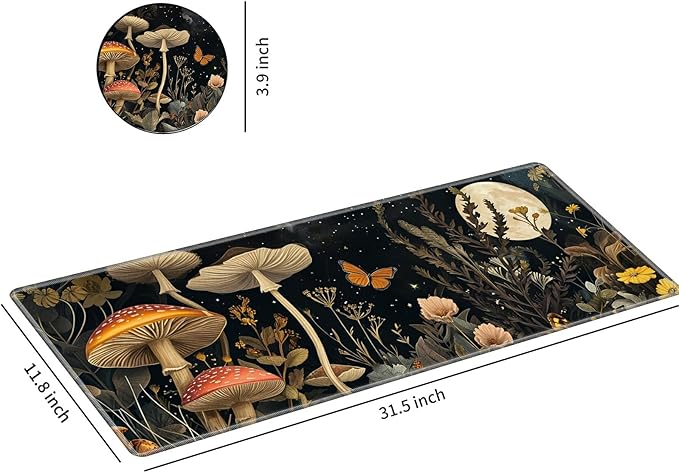 Desk Mat Large Gaming Mouse Pad (31.5x11.8 inch) with Stitched Edges, XL Mouse Pad +Coaster, Extended Mouse Mat Keybroad Mousepad Non-Slip Rubber for Gamer Men Women, Autumn Mushrooms Moon