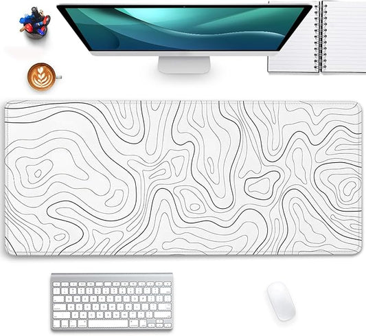 White Topographic Mouse Pad,Gaming Desk Pad with Stitched Edges Non-Slip Rubber Base Extended XL Mousepad Big Desk Mat for Office Home Work(27.5X11.8 Inch)