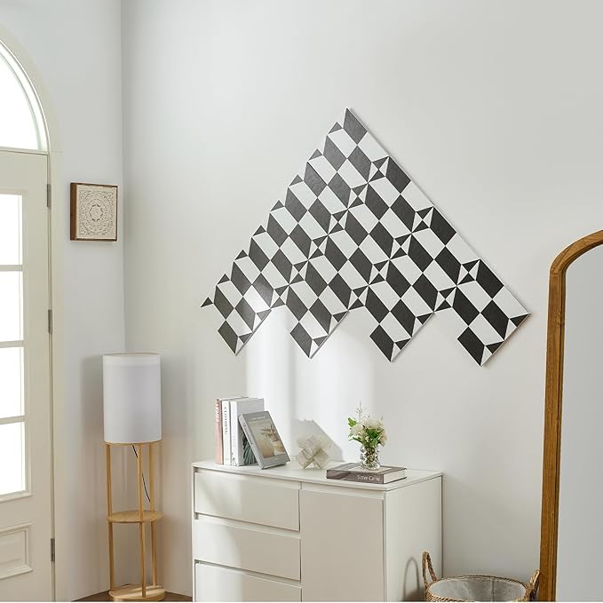 12-Pack Felt Wall Tiles, Large Bulletin Board with Safe Removable Adhesive Tapes, 11.8 x 11.8in Panels Alternative for Home Wall Decor, Black-and-White Pattern