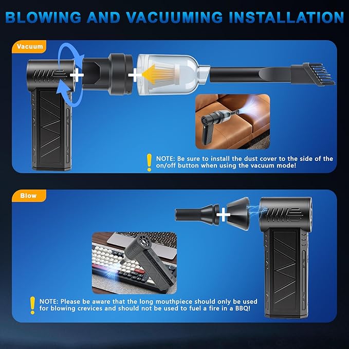 NUHFUFA 4-in-1 Compressed Air Duster with Light, Handheld Car Vacuum/Air Blower/Pump/Inflate 130000RPM Adjustable Electric Vacuum Cleaner for Computer Keyboard Car Home(Black)
