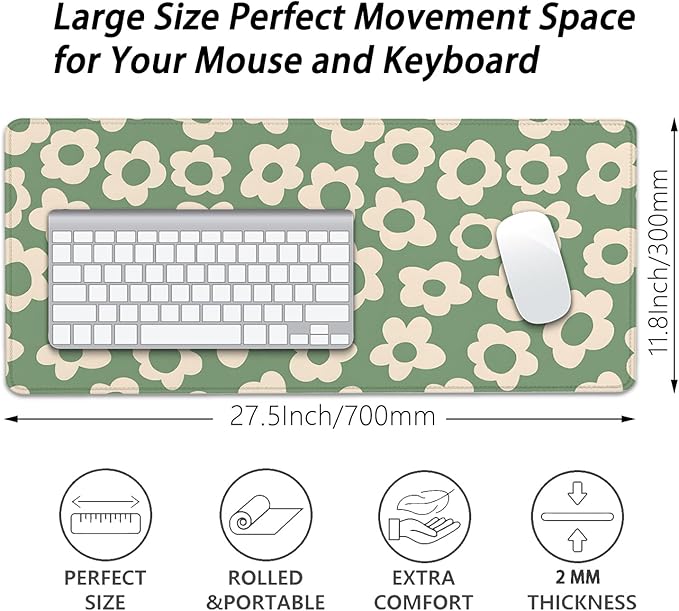 Green Daisy Flowers Desk Pad Mouse Pad,Large Daisies Floral Mouse Mat with Stitched Edges,Non-Slip Rubber Base Mousepad for Office PC Keyboard Laptop and Home Work Desk Mat(27.5X11.8 in)