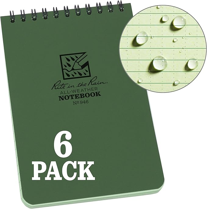 Rite in the Rain Weatherproof Top Spiral Notebook, 4" x 6", Green Cover, Universal Pattern, 6 Pack (No. 946L6)
