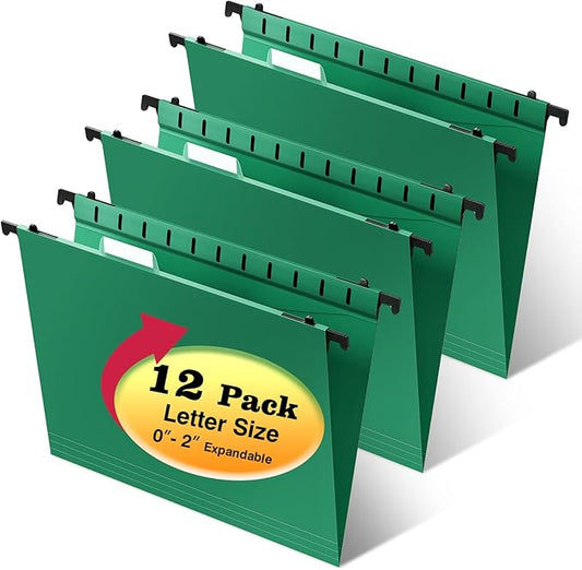Plastic Hanging File Folders,Letter Size,Reinforced Hang Folders,Standard File Folders for Filing Cabinet,Plastic Hanging Folders,1/5-Cut Tabs,Designed for Home and Office,Green,12 Pack