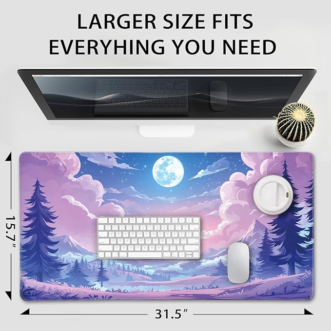 Mountain Moonlight Large Gaming Mouse Pad 31.5"x15.7"｜XXL Desk Mat, Non-Slip Rubber Base & Stitched Edges - Extended Waterproof Mousepad for PC/Laptop/Office/Home Decor