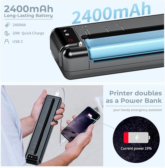 Portable Printers Wireless for Travel,Q302 WiFi Inkless Thermal Printer with Reverse Charging, Phone Printer Supports US Letter/A4/B5/A5, Bluetooth Printers for Home Use Office,300DPI