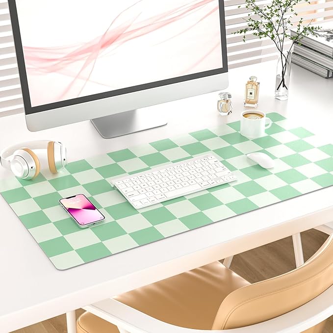 Colorful Star Large Mouse Pad, PU Leather Waterproof Desk Mat, Computer Gaming Mouse Pad, XXL Full Table Mousepad Non Slip Desk Pad for School Office Home 31.5" x 15.7" - Green Checkerboard