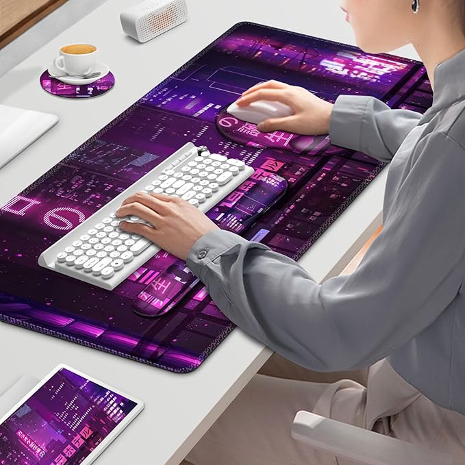 Gaming Mouse Pad, Large Desk Mat, Cute Desk Pad, 4in1 XXL Mousepad + Keyboard Wrist Rest+Mouse Wrist Rest+Coaster Set with Ergonomic Desk Pad for Home Office Table Computer, Purple Anime Neon