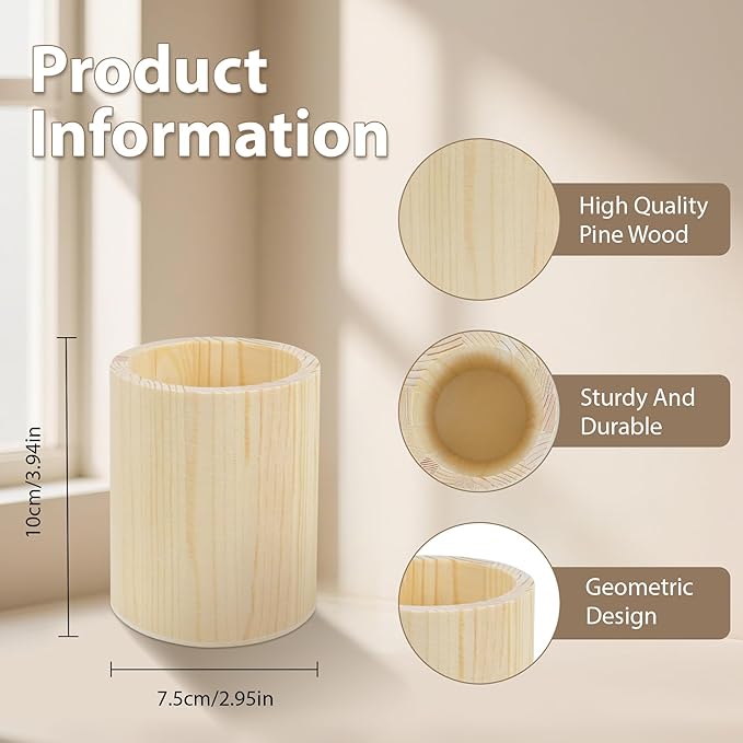 6 Pack Wood Pen Holder Unfinished Wooden Pencil Holder Pine Wood Pen Holder Stand for Desk Office Supplies Makeup Brushes Organizer (Round)
