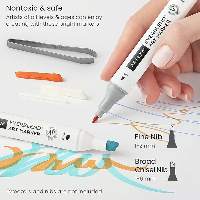 ARTEZA Art Alcohol Markers Set of 72 Colors, EverBlend Dual Tip Markers with Organizer Box, Fine and Broad Chisel Nib