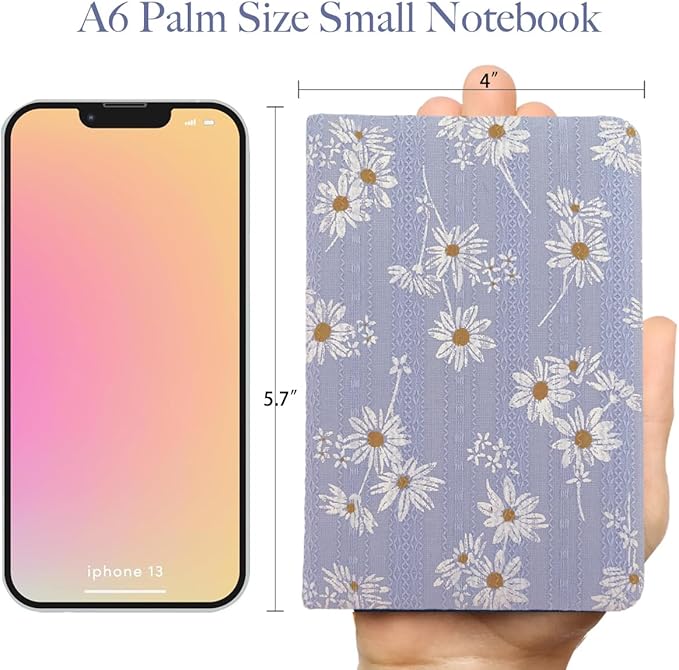 Daisy Gifts for Women, A6 Pocket Notebook, Floral Fabric Journal, 4x6 Lined Notebook & Blank Sketchbook, Cute Small Notebook, Daisy Floret Blue Journal, Gift for Girls.