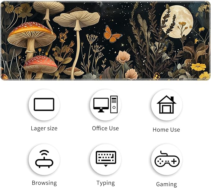 Desk Mat Large Gaming Mouse Pad (31.5x11.8 inch) with Stitched Edges, XL Mouse Pad +Coaster, Extended Mouse Mat Keybroad Mousepad Non-Slip Rubber for Gamer Men Women, Autumn Mushrooms Moon