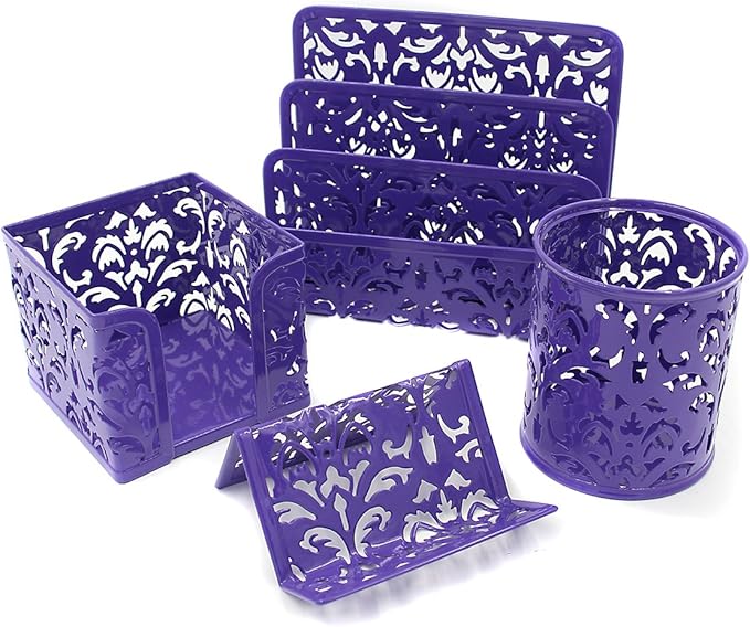 EasyPAG Desk Organizer Set - Pencil Holder Letter Sorter File Holder Business Card Holder and Sticky Note Holder, Purple