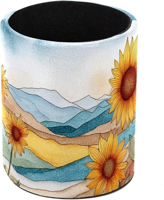 Watercolor Art Sunflower PVC Leather Circular Pencil Holder for Desk Organizer Stationery Holder for Office, School(3.9 x 3.1 Inches)