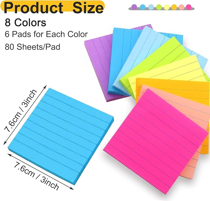 48 Pack 3840 Sheets Lined Sticky Notes 3X3 in Ruled Self Sticky Note Pads 80 Sheets/pad Colorful Sticky Notes with Lines Post Notes for Office, Home, School, Meeting