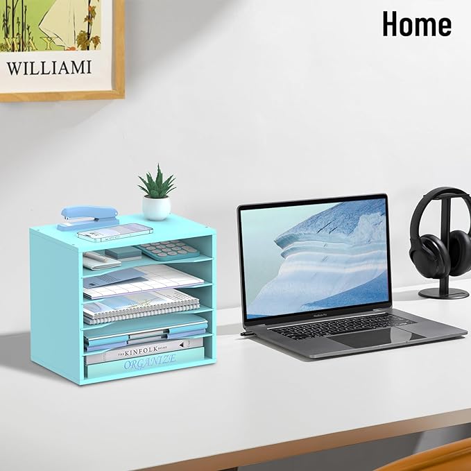 5-Tier Wood Desk Organizer, Paper Tray Organizer for Desk with Adjustable Storage Shelves, Desktop Paper Sorter Mail Holder for Office Home Classroom, Blue