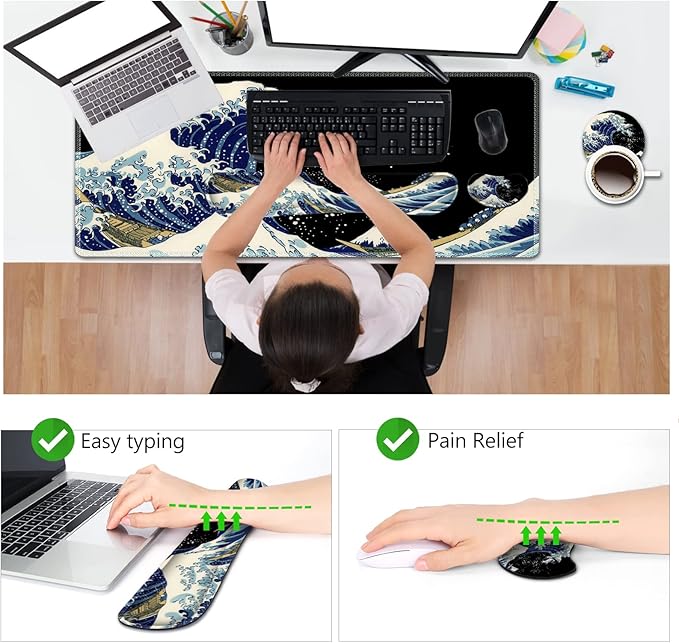 AIMSA Large Gaming Mouse Pad Set, Keyboard Wrist Rest Support Mouse Pad, Ergonomic Memory Foam Multifunctional Extended Desk Mat 35x15.7in Anti-Slip Rubber Base for Office Home, Big Waves