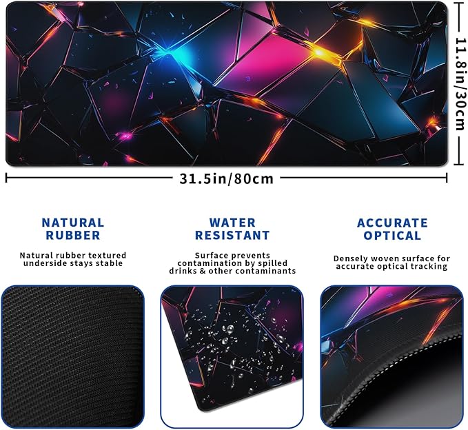 Stylish Geometric Mouse Pad Abstract Black Mouse Pad 31.5x11.8 Inch Geometric Texture Non-Slip Rubber Base Large Mousepad Stitched Edges Keyboard Mouse Mat Desk Pad for Office and Home