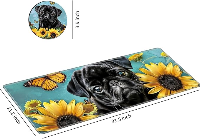 Desk Mat Large Gaming Mouse Pad (31.5x11.8 inch) with Stitched Edges, XL Mouse Pad +Coaster, Extended Mouse Mat Keybroad Mousepad Non-Slip Rubber for Gamer Men Women, Black Bulldog