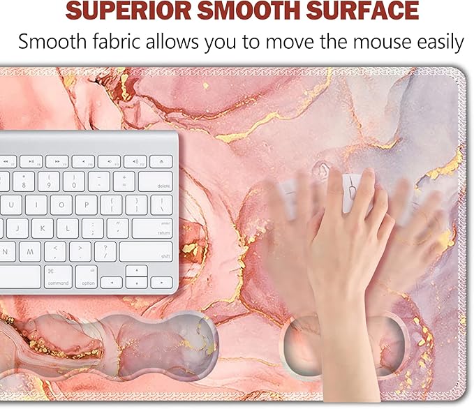 Upgraded Extended Gaming Mouse Pad, Keyboard Wrist Rest Pad, Wrist Support Mousepad Set, Artso Large Stable Rubber Base Stitched Edges, Multifunctional Desk Pad 35 x15.5 in, Abstract Pink Marble