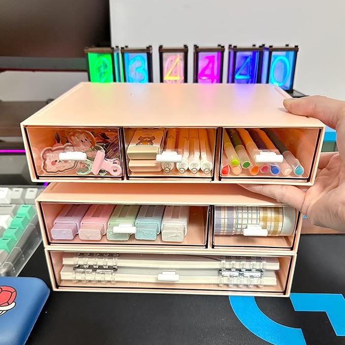 Desk Organizer with 6 Drawers, Makeup Organizer, Plastic Makeup Storage, Cosmetic Storage Organizer, Desk Storage Box, Bathroom Organization Boxes, Desktop Storage Box(Pink)