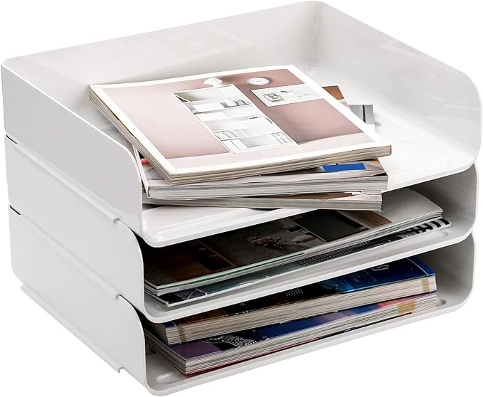 Okllen 3 Pack Stackable Desktop Letter Tray, 3 Tier Paper Document Tray Organizer, White Plastic Desk File Rack for A4 Paper, Magazine, Receipts, Office Supplies