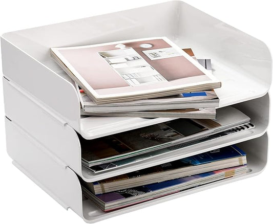 Okllen 3 Pack Stackable Desktop Letter Tray, 3 Tier Paper Document Tray Organizer, White Plastic Desk File Rack for A4 Paper, Magazine, Receipts, Office Supplies