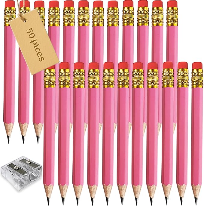 Adhere 25pcs Golf Pencils with eraser Hexagon Wooden Pencils Graphite 2B for Golf Event Scoring,Classroom,Wedding,Company Meetings,Pew, Pocket (z-Pink・Hexagon・50pcs)