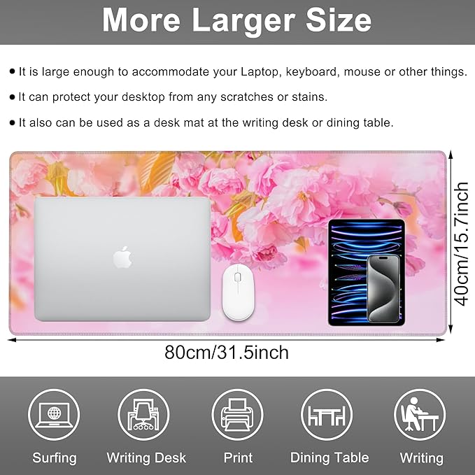 Mouse Pad, Large Pink Sakura and Butterfly Desk Mat, Extended Non-Slip Gaming Keyboard Mousepad Desk Pad, Thick Stitched Edges Waterproof Mouse Mat 31.5"x15.7" (Blossoming Cherry Flowers)