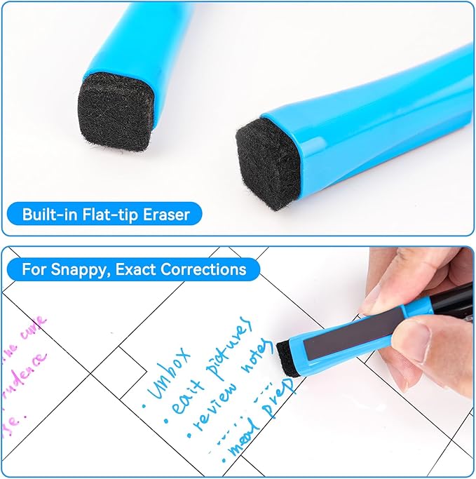 maxtek Magnetic Dry Erase Markers Ultra Fine Tip, 0.7mm Extra Fine Point Thin Dry Erase Markers with Eraser for Planning Whiteboard, Calendar Boards, 12 Colors, Low Odor