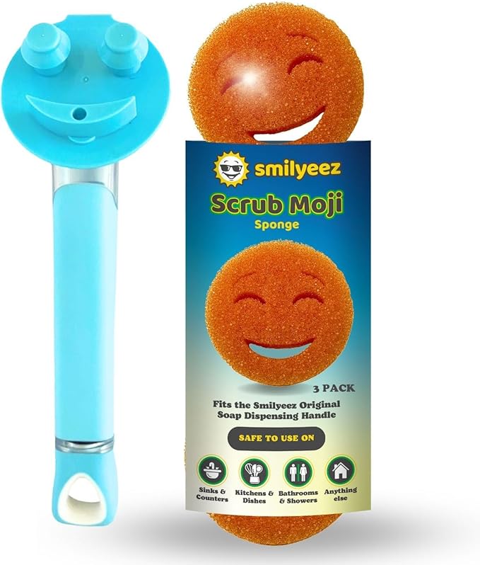 The Original Smiling Handle for Scrub Daddy and Scrub Moji Sponges (Light Blue Handle) & 3 Orange Scrub Moji Sponges