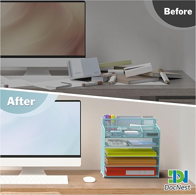 Docnest 5 Tier Mesh Desk Organizer for Paper Office Supplies – Multi-Functional Letter Tray with 5 Adjustable Compartments, 3 Pen Holders, Desktop Storage for Files, Mail, Stationery – Blue