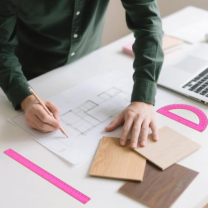 2 Pack Pink Plastic Ruler and Protractor Set 12 Inch and 6 Inch Plastic Protractor Set Clear Math Drafting Geometry Sets Transparent Ruler Sets for Home Office Drawing Architect Engineer