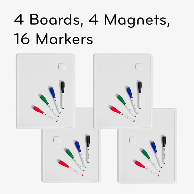 U Brands Contempo Magnetic Dry Erase Board White Board Bundle, 11" x 14", White Modern Frame, Includes 4 Boards, 16 Markers and 4 Magnets