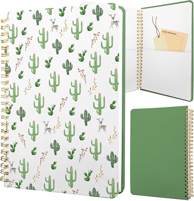 Cute Spiral Notebook journal A5 Aesthetic Pretty Floral Design for Women Girls Kawaii with Pocket, 8.5 x 5.7 inch, Cactus