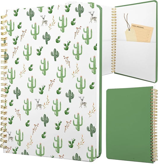 Cute Spiral Notebook journal A5 Aesthetic Pretty Floral Design for Women Girls Kawaii with Pocket, 8.5 x 5.7 inch, Cactus