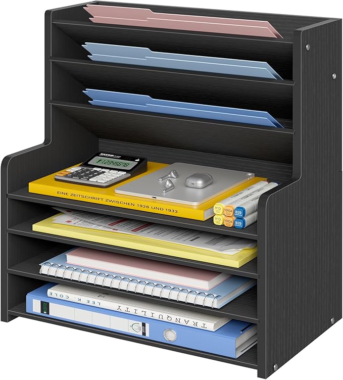 Wood Office Desk File Organizer - 7 Tier Desk Top Storage Shelf Stationary Workspace Organization Small Wooden Desktop Paper Tray,Black