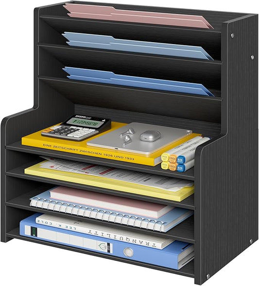 Wood Office Desk File Organizer - 7 Tier Desk Top Storage Shelf Stationary Workspace Organization Small Wooden Desktop Paper Tray,Black