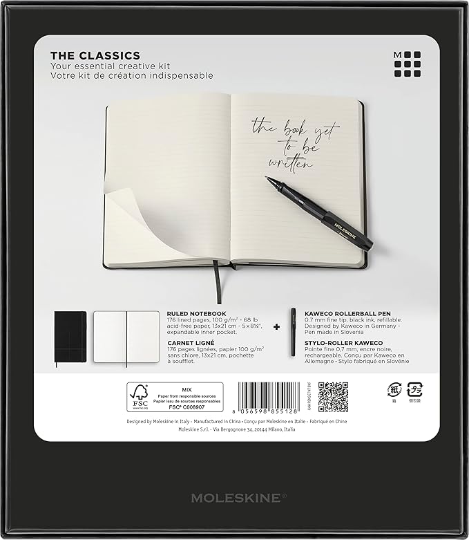 Moleskine Classic Notebook and Kaweco Roller Pen Bundle, Large, Ruled, Black, Hard Cover (5 x 8.25)