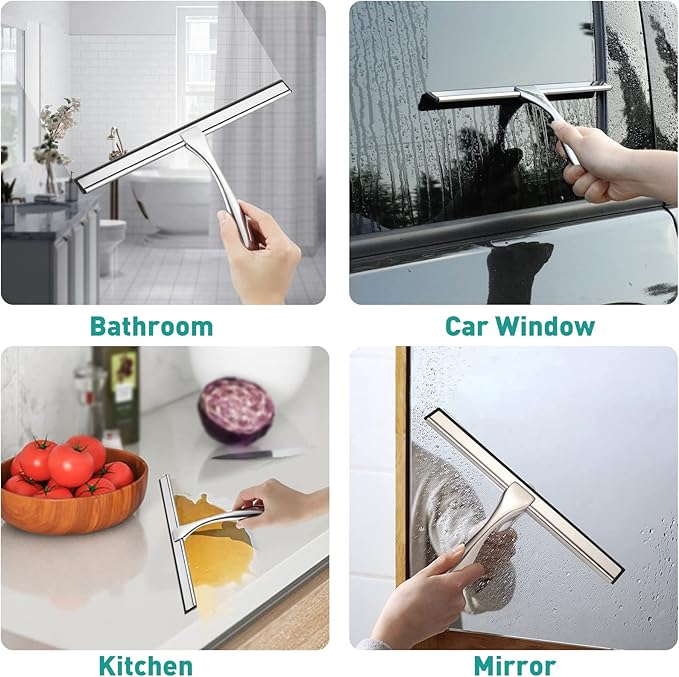 steauty Shower Squeegee for Glass Doors,12-Inch Shower Glass Squeegee, Sliver Shower Squeegee for Shower Doors,Mirror,Windows, with Shower Door Hook and Adhesive Hook
