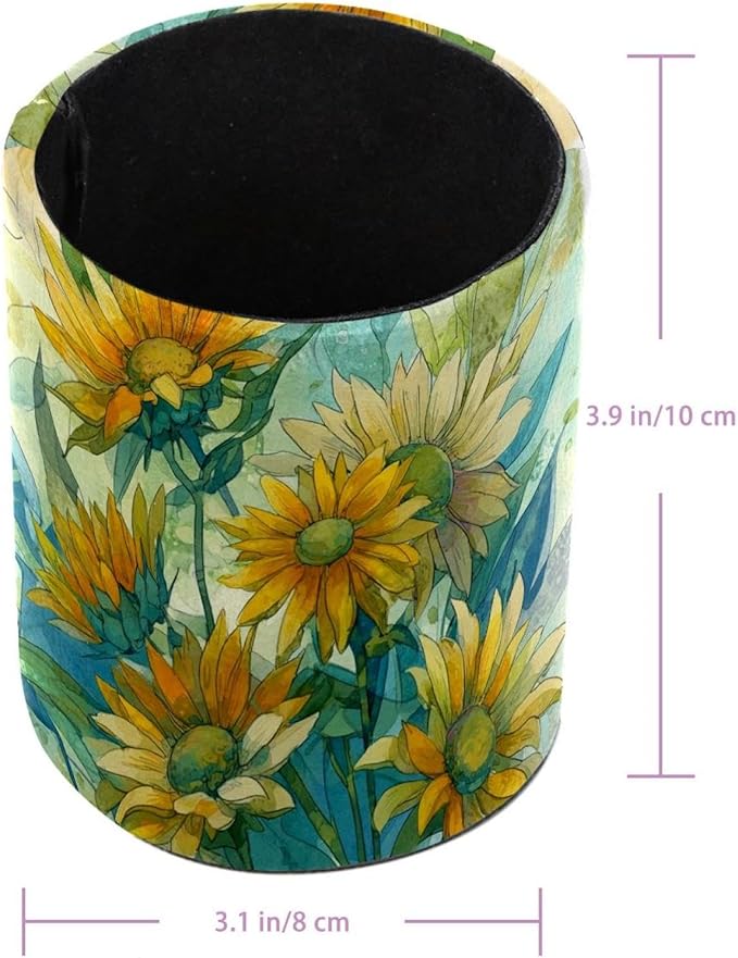 Watercolor Art Sunflower PVC Leather Circular Pencil Holder for Desk Organizer Stationery Holder for Office, School(3.9 x 3.1 Inches)