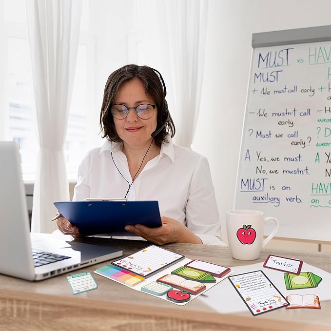 B1ykin Sticky Notes Set, Cartoon Theme Cute Self-Stick Notes Pad Teacher Appreciation Gifts， Self-Adhesive Writing Memo Pages Sticky to Do Notepad Thank You Gift for School Classroom (A+ Teacher)