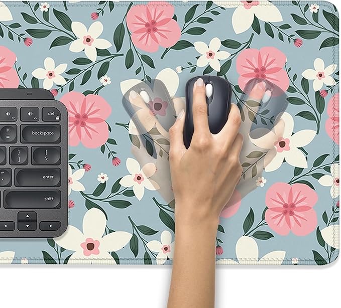 Retro White Pink Flowers Desk Pad Mouse Pad,Extended Large Gaming Floral Mouse Mat with Stitched Edges,Non-Slip Waterproof Rubber Base Mousepad for Office Work Home Desk Mat(27.5X11.8 in)
