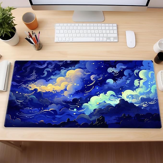 XL Desk Pad Mat (31.5"x15.7") - Kawaii Dark Blue Clouds Sky Aesthetic, Non-Slip Gaming Mouse Pad with Stitched Edges, Cute Office Decor