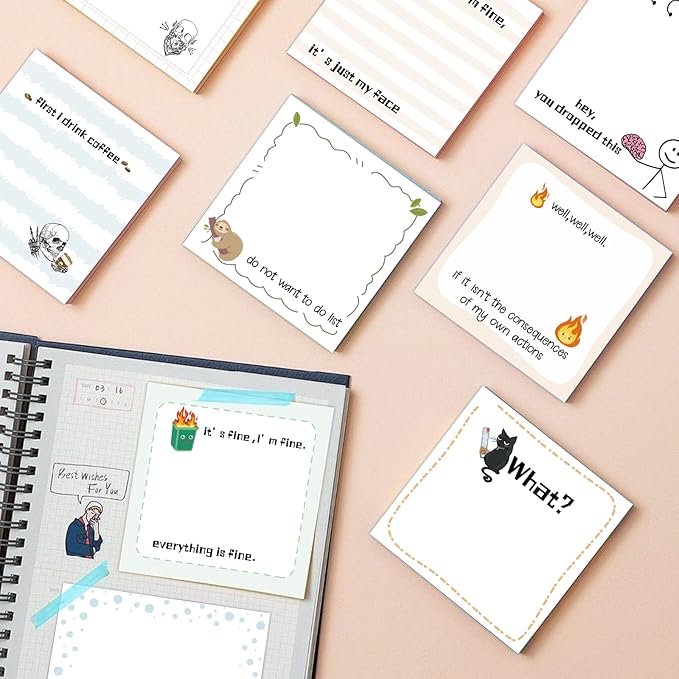 ZCPTZ 9 Pcs Funny Notepads 3" x 3" Self-adhesive Note Pads Fun Memo for Work Office School Home - 450 Sheets Reusable Cute Sticky Notes
