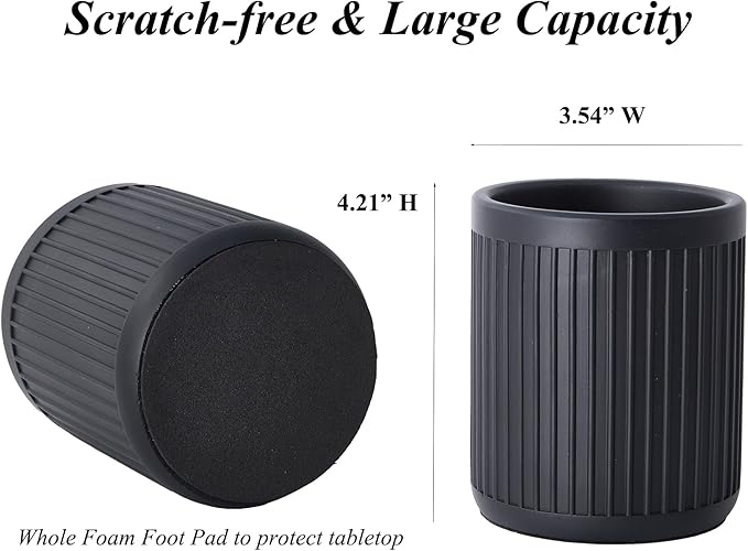 Aesthetic Charcoal Black Pen Holder for Desk - Concrete Modern Sturdy Black Pencil Holder for Desk- Cement Fluted Pen Cup Organizer - Minimalist & Modern Industrial Aesthetics to Office Decor