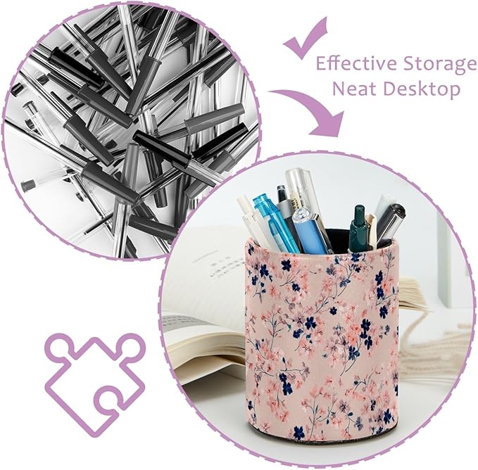 Leather Pen Holder for Desk Pink Floral Pencil Cup Desktop Organizer Makeup Brush Holders Office Supplies for Home, Kids & School