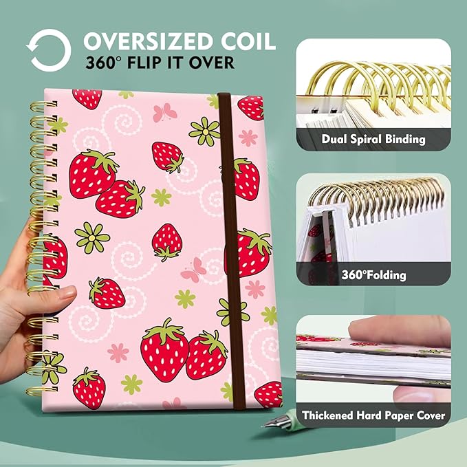 Spiral Journal Notebook,Binding with Premium Paper for Girl Women,Cool Funny 120 Pages,100gsm A5 College Ruled NotebookJournal,Perfect for Gifts Nurse Teacher Women(Cute Pink strawberry)